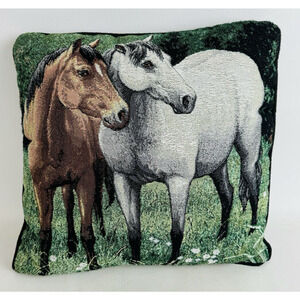Horse Tapestry Throw Pillow Square Two Horses Equestrian Home Decor 16"
